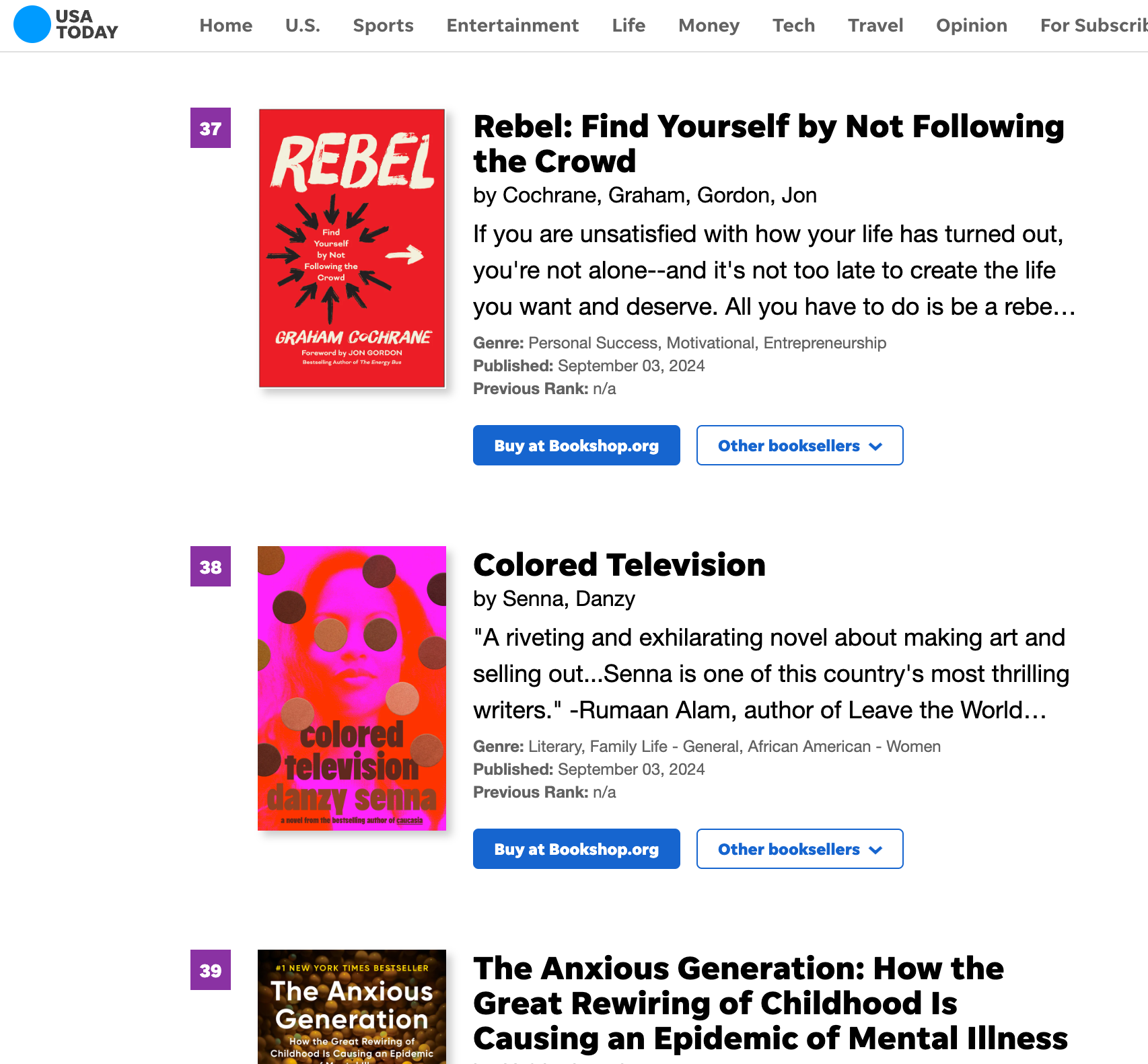 Rebel by Graham Cochrane on the USA Today Bestseller list